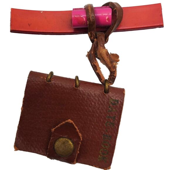 Tiny Leather Date Book Brooch Vintage 1930s Dangle Drop Pin Miniature Jewelry - Picture 1 of 10